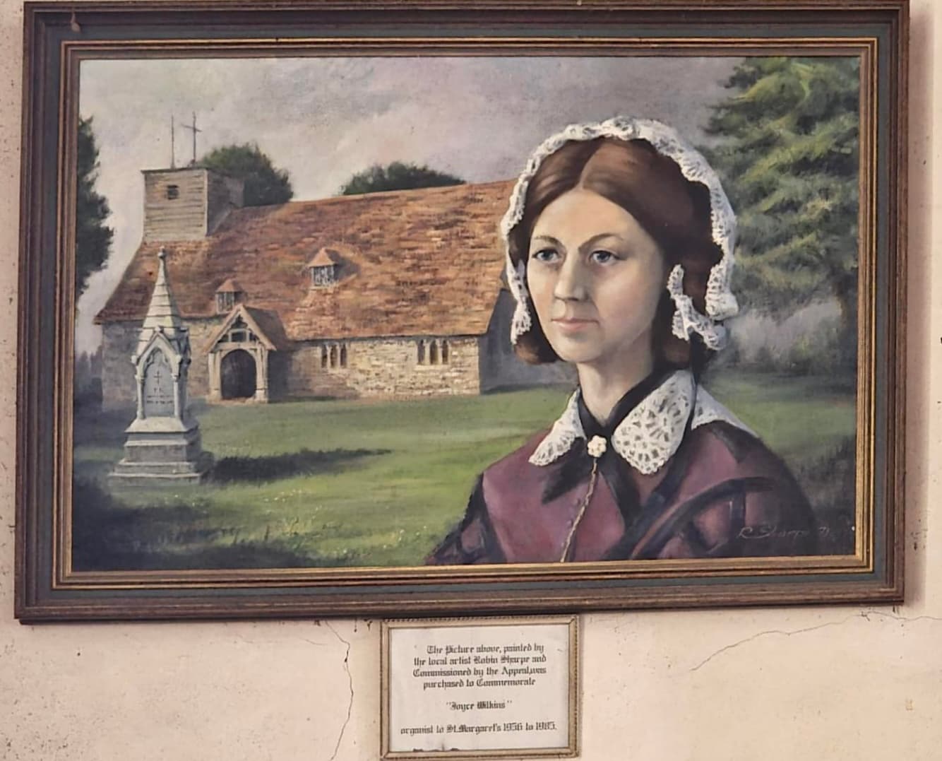 A commemorative painting of Florence Nightingale with St Margaret’s Church and the family memorial.